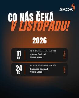 Listopad = networking, ne učení. 😏
🥂 11. 11. Alumni Cocktail
🍸 24. 11. Business Cocktail
Dva večery, drink v ruce a lidi, kteří ti můžou otevřít dveře.
📍 Akademický klub VŠE | 🕕 18:00
👉 Registrace již brzy!
S podporou @fmv_vse, @ec_vse a @vsecz
#skok #skokvse #fmvvse #business #event